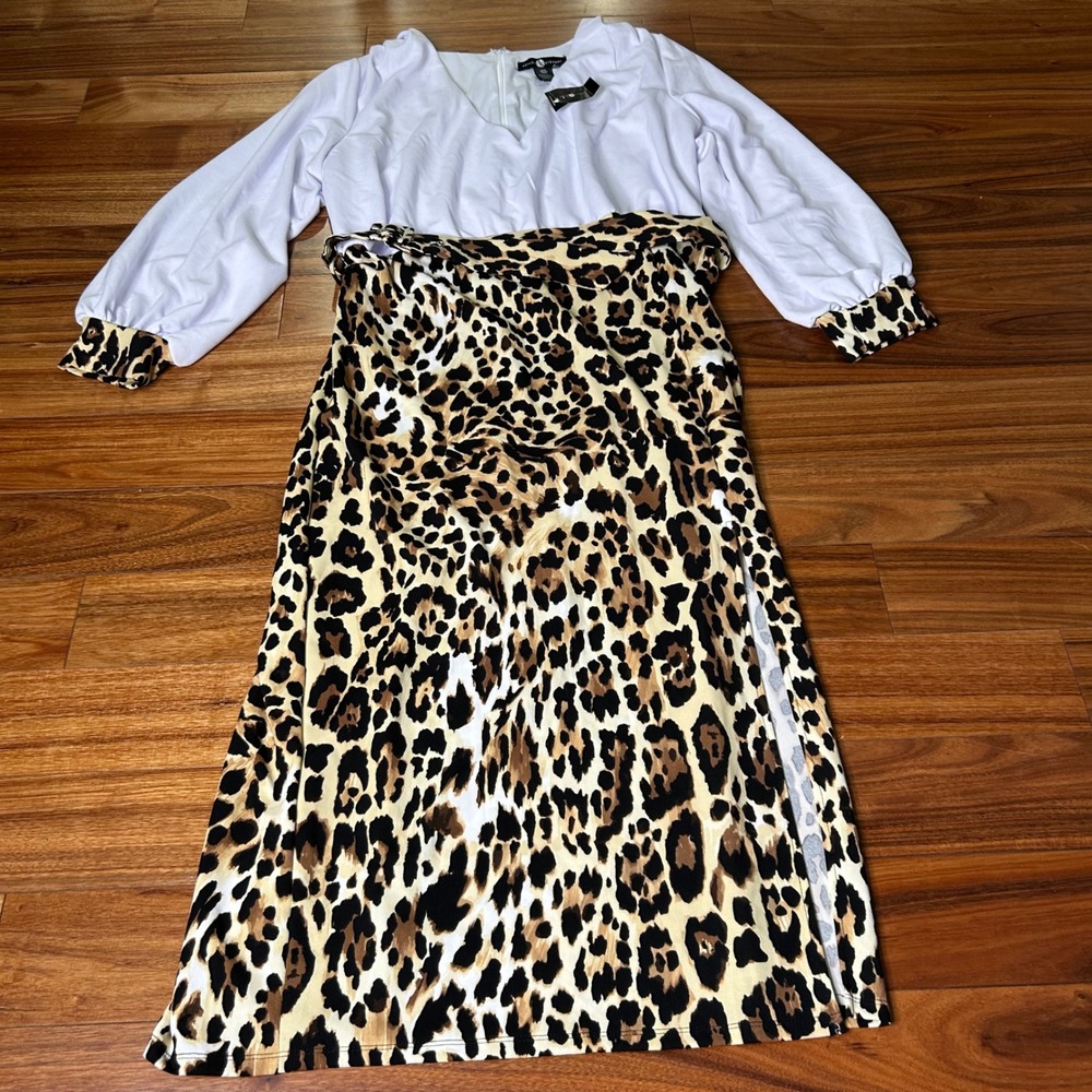 Ashley Stewart Womens Maxi Dress 18/20‎ White Leopard Print Long Sleeve